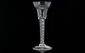 18thC Wine Glass, The pan topped bowl on a spiral air twist stem, Paper Label To Foot Reads,