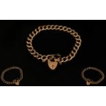 9ct Gold - Early Curb Bracelet with Attached 9ct Heart Shaped Padlock.