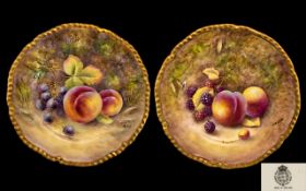 Royal Worcester Superb - Pair of Signed Hand Painted ' Fallen Fruit ' Cabinet Plates.