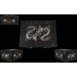 Chinese Export, Canton Carved Hinged Box With Applied Silver Dragons To The Lid And Floral Silver To