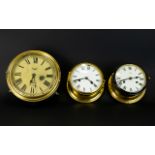 Three Brass Ships Clocks To include Schatz 'Royal Mariner' brass and wall mounted clock with white
