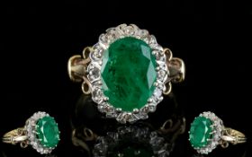 Ladies 9ct Gold Emerald and Diamond Cluster Ring, The Large Central Emerald of Good Colour.