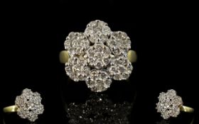 18ct Gold - Attractive Diamond Set Cluster Ring, Flower head Design.