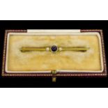 Antique 15ct Gold Attractive Lavender Sapphire and Seed Pearl Set Stick Brooch. Marked 15ct. In