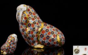 Royal Crown Derby Hand Painted Porcelain Paperweight ' Walrus ' Silver Stopper, Date 1988,