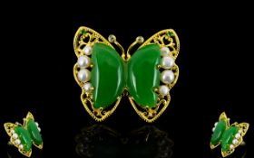 Green Jade and White Cultured Pearl Butterfly Statement Ring,