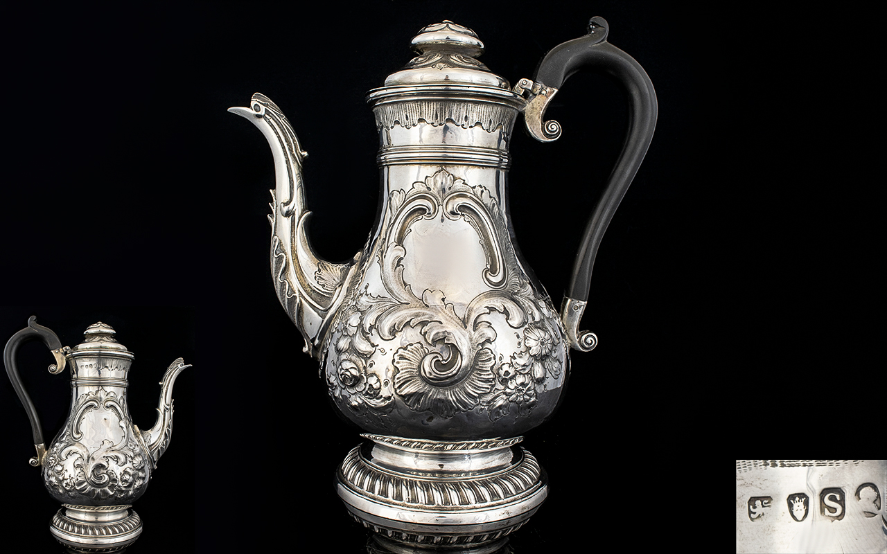 George III Superb Quality Repousse Work Solid Silver Swan Neck Coffee Pot, Wonderful Proportions.