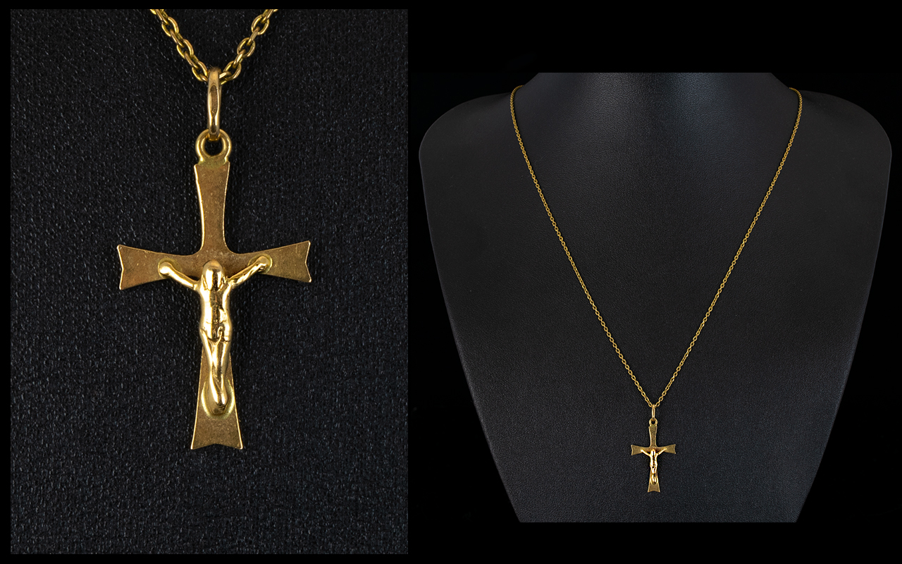 18ct Yellow Gold Cross with Attached 9ct Gold Long Chain. Both Hallmarked for 18ct & 9ct Gold.