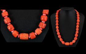 Coral Beaded Orange / Pink Two Tone Beaded Necklace with Silver Clasp. Marked 925 Silver.