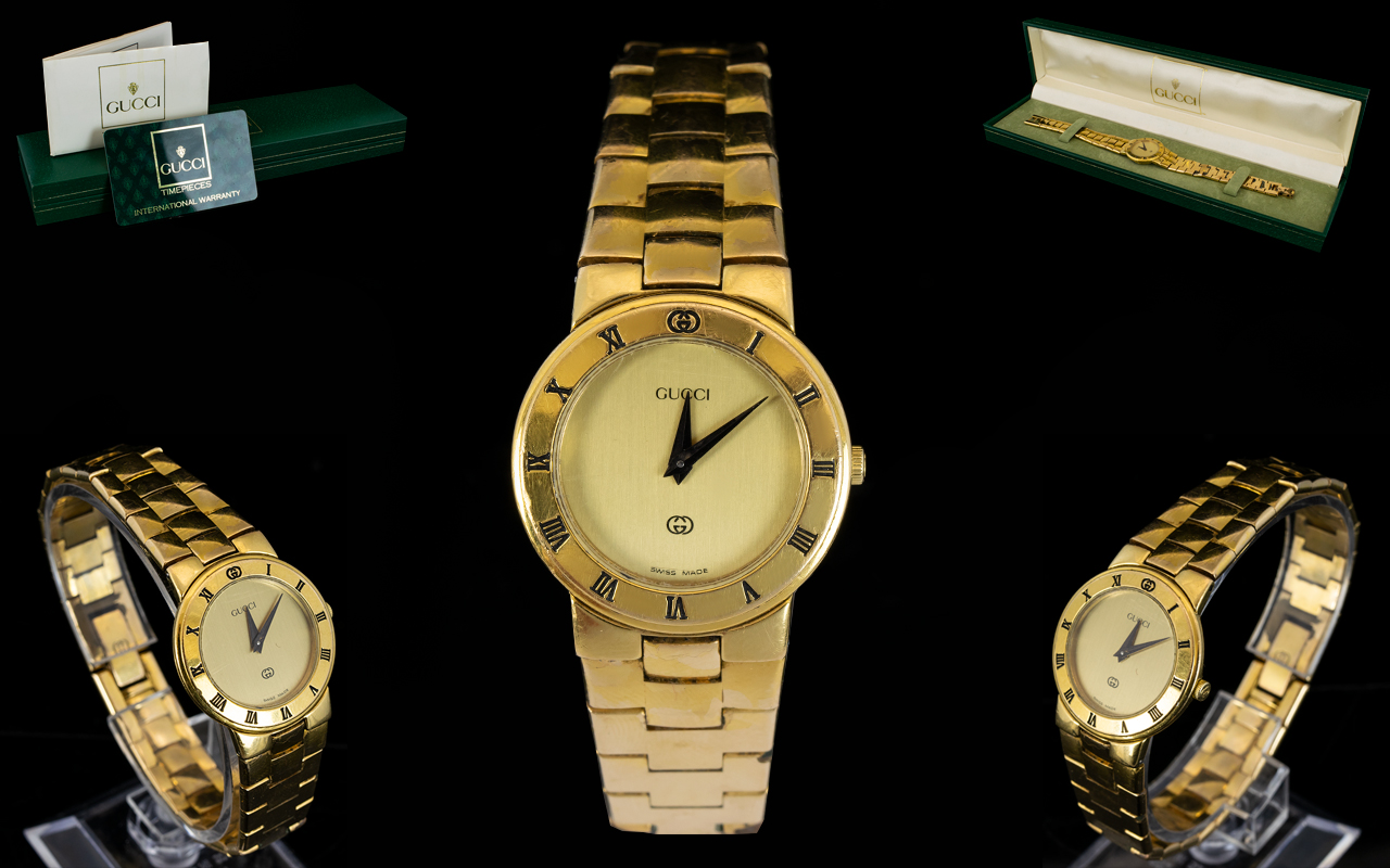 Gucci Vintage 3300 Gold Plated Watch Analogue 12 hr dial with Roman numerals to bezel,