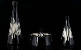 Midwinter Jessie Tait 4 Piece Cruet Set with thick Black & White Squiggle design. 1950s, Mint