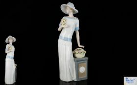 Nadal - Lladro Style Fine Quality Hand Painted Porcelain Figurine - Tall Elegant Lady Standing by a