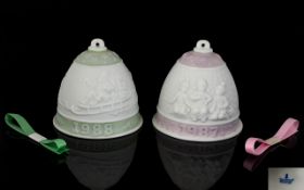 Lladro Christmas Bells. Two bells dated 1987 and 1988, boxed and in mint condition with paperwork.