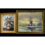 Framed Oil On Canvas Large impasto oil depicting a winter landscape with windmill,