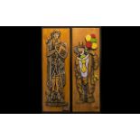 A Pair Of Embossed Figurative Wooden Panels the first in the form of a medieval knight,