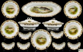 Carl Tielsch Superb Quality Porcelain ( 23 ) Piece Salmon Fish Luncheon Set. c.1900 - 1909. All with