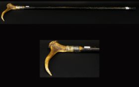 A Horn Handle Walking Cane With silver collar, hallmarked Chester,