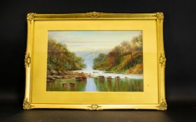 T.M Furness Original Oil On Board Untitled depiction of tranquil river scene.