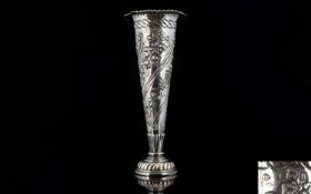 Victorian Period Embossed Silver Trumpet Vase, Decorated with Embossed Images of Swags and Floral
