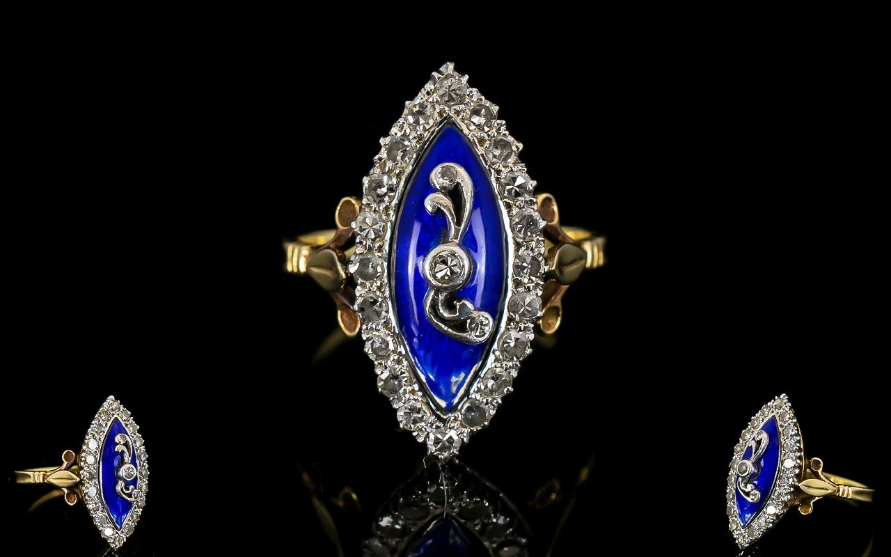 Antique Period Style Attractive and Nice Quality 18ct Gold Diamond and Enamel Set - Marquise Shaped - Image 2 of 2