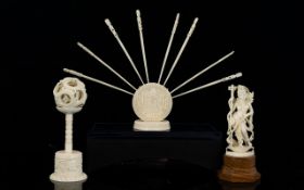 Three Pieces Of Carved Indian Ivory, To Include A Deity Figure,