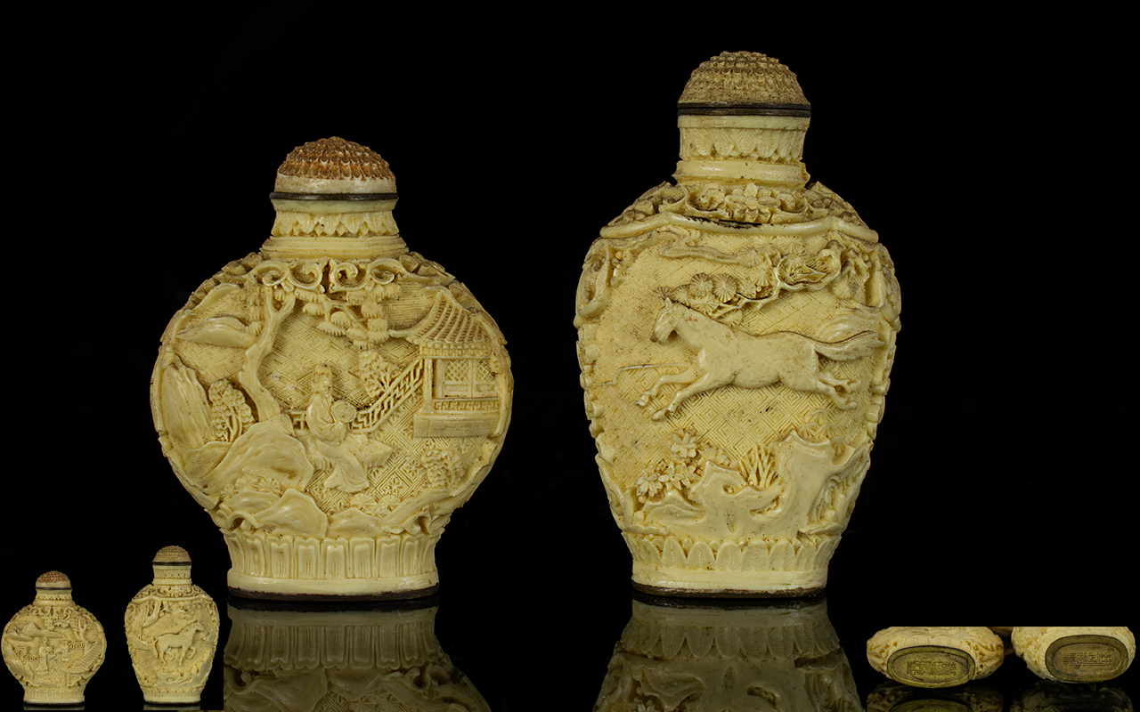 Chinese 19thC Pair of Well Carved Ivory Snuff Bottles of good form and quality. Character marks to