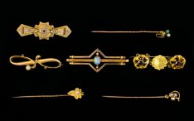 Victorian Period Collection of 15ct & 9ct Gold Stick Pins and Brooches ( All Stone Set ) with Opals,
