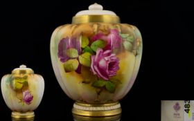 Royal Worcester - Signed and Hand Painted Globular Shaped Pot Pouri ' Roses ' Stillife.