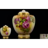 Royal Worcester - Signed and Hand Painted Globular Shaped Pot Pouri ' Roses ' Stillife.