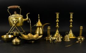 A Small Collection of Assorted Brass Ware to include kettle and stand, candlesticks,