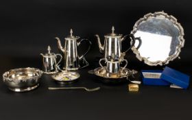 Collection of Silver Plated Ware to include four piece teaset, scalloped edge dish on pedestal feet,