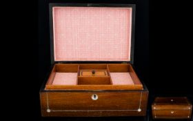 Nice Quality 1960's Lidded Wooden Sewing Box with mother of pearl inlay and string banding to front