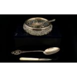 A Small Collection Of Silver Items To include mother of pearl handle fruit knife, small caddy spoon,