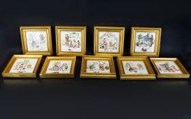 A Collection of Nine Framed Continental Tiles Mid Century crackle glazed tiles,