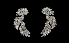 Diamond Pair of Curved Leaf Earrings,