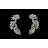 Diamond Pair of Curved Leaf Earrings,