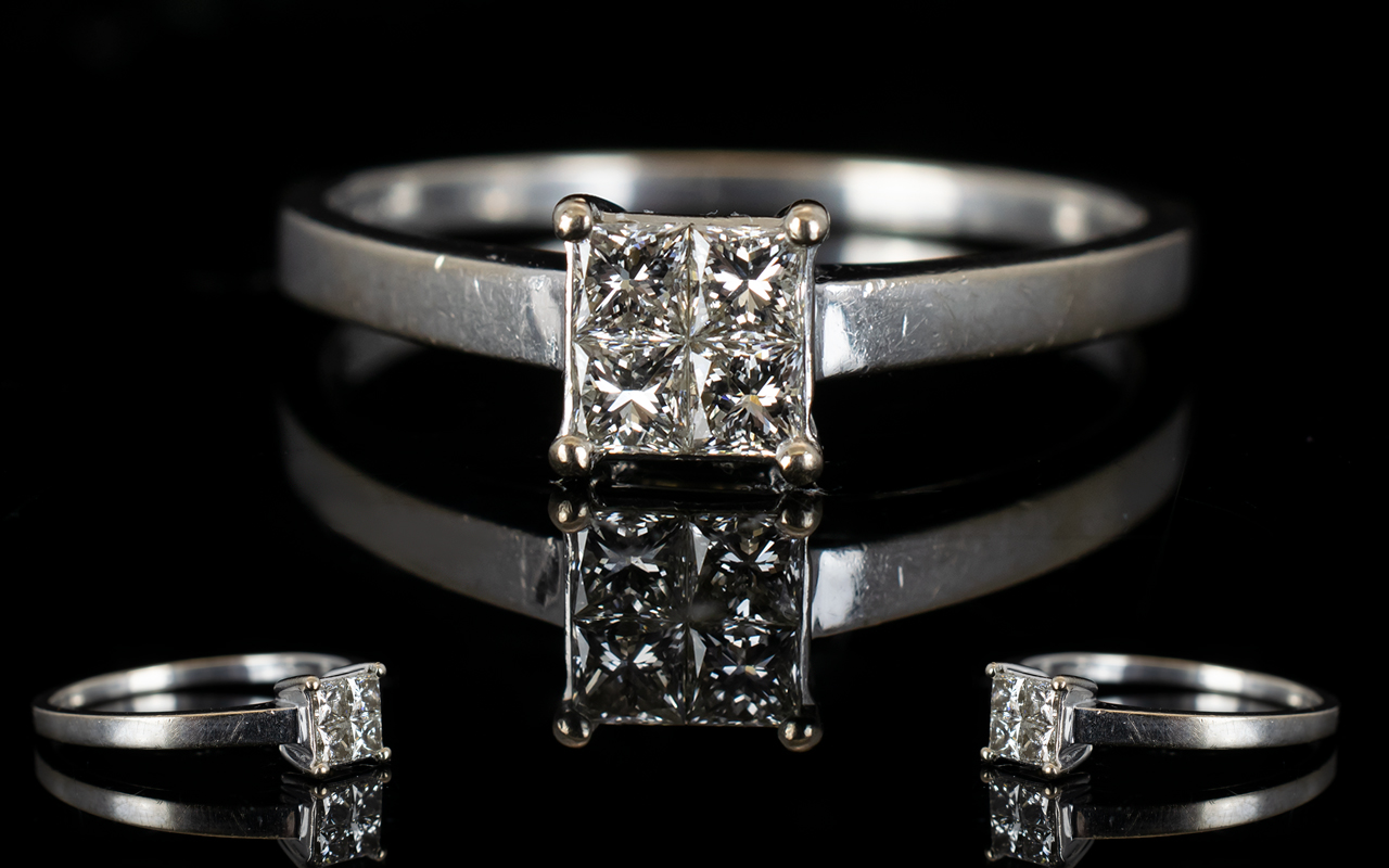 18ct White Gold Contemporary Diamond Set Dress Ring the four square cut diamonds of good colour and - Image 2 of 2