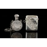 Edwardian Period Lovely Miniature Circular Silver Scent Bottle In the form of a flask with attached