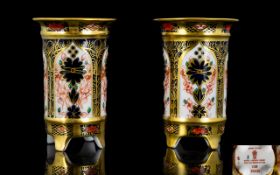 Royal Crown Derby Old Imari Gold Band Pattern Pair of Miniature Footed Vases,