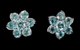 Blue Zircon Flower Shape Stud Earrings, natural blue zircon, mined in Cambodia, totalling 1.