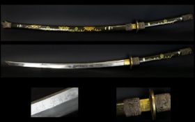 A 20th Century Oriental Style Samurai Sword With Lightly Etched Blade And Character Marks. Painted