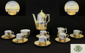 Victoria China (Czech) 15 Piece Coffee Set with hand painted scenes to each cup and saucer.