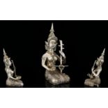 Indian - Cast Silver Statue / Figure of An Indian Deity - Playing a Musical Instrument In a Kneeling