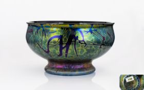 Royal Brierley Iridescent Art Glass Favrille Shallow Footed Bowl In cobalt,