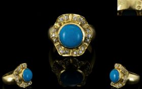 Egyptian 18ct Gold Handmade and Attractive Turquoise and Diamond Ladies Cluster Dress Ring, The