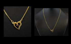 Ladies - Attractive 9ct Gold Chain with Integral 9ct Gold Stone Set, Stylised Heart Pendant / Drop.