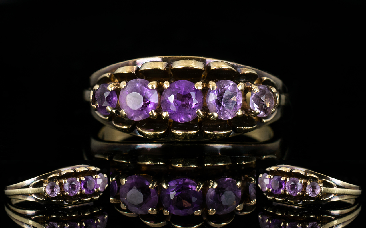 9ct Gold - Attractive Five Stone Amethyst Set Dress Ring, - Image 2 of 2