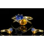 Ladies 18ct Gold Attractive Two Stone Sapphire and Diamond Dress Ring the blue sapphire and