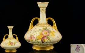 Royal Worcester Fine Quality Blush Ivory Twin Handle Hand Painted Squat Shaped Vase of Excellent