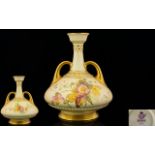 Royal Worcester Fine Quality Blush Ivory Twin Handle Hand Painted Squat Shaped Vase of Excellent